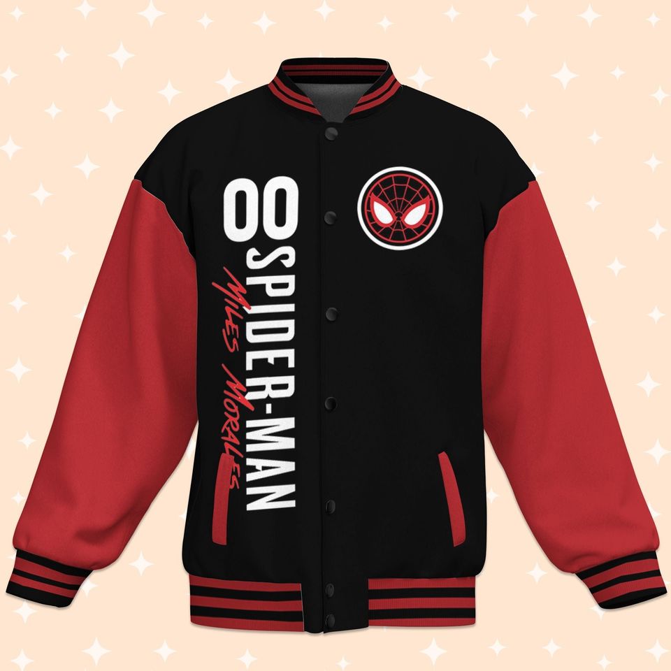 Custom Spiderman Miles Morales Varsity Jacket, Baseball Outfit, Personalized Disney Jacket, Baseball Team Outfit