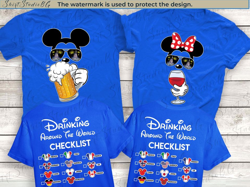 Mickey Beer Minnie Wine Front and Back, Epcot Drinking Around The World Shirt