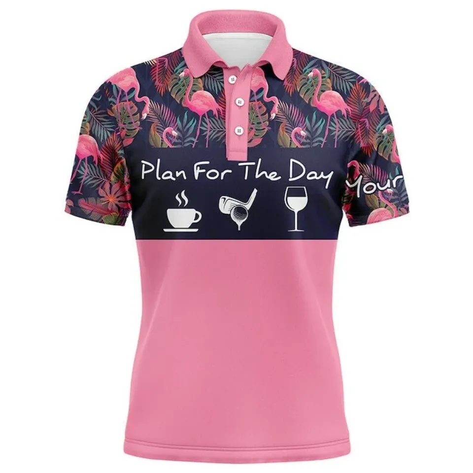 Flamingo Golf Men Custom Name Pink Flamingo And Palm Leaves