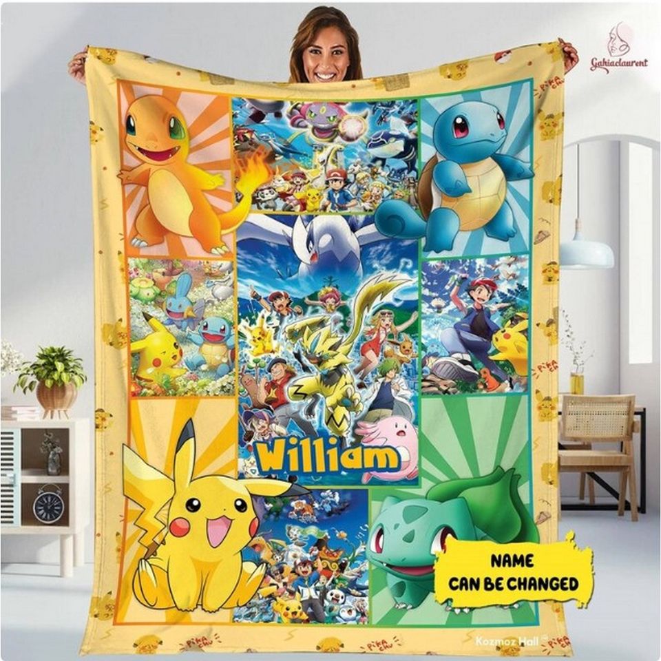 Personalization Pika PKM  Fleece Blanket, Eevee Sn Lax Gengar Charmander Blanket