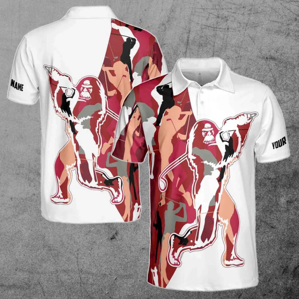 Custom Name Red Camo Bigfoot Golf Men's Polo Shirt