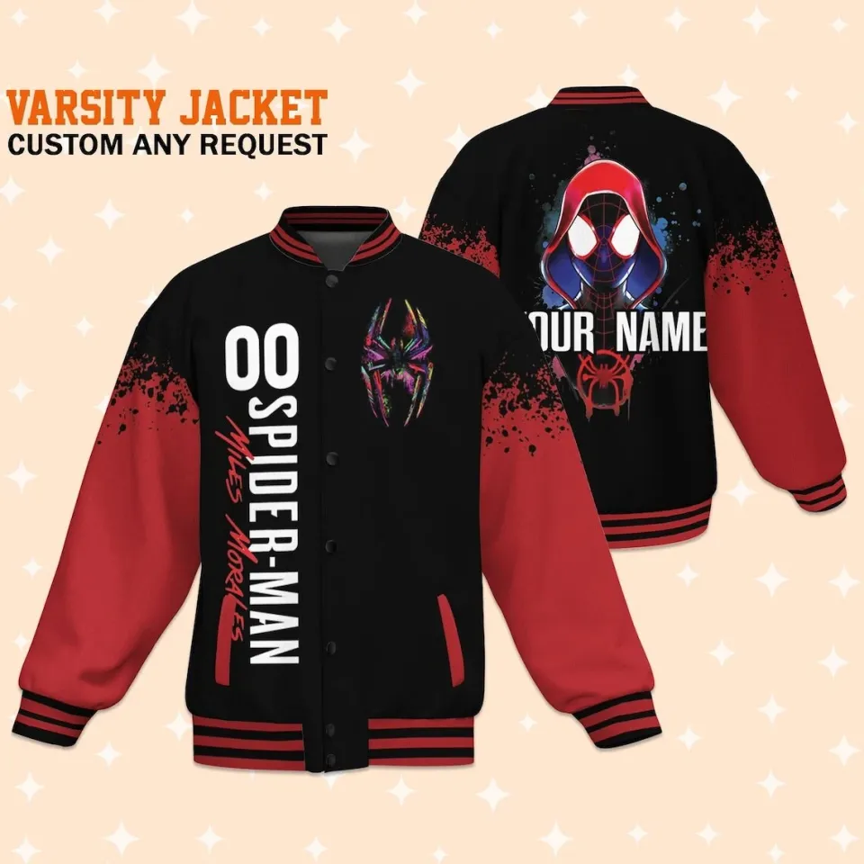 Custom Spiderman Miles Morales Black Baseball Jacket, Baseball Outfit Personalize