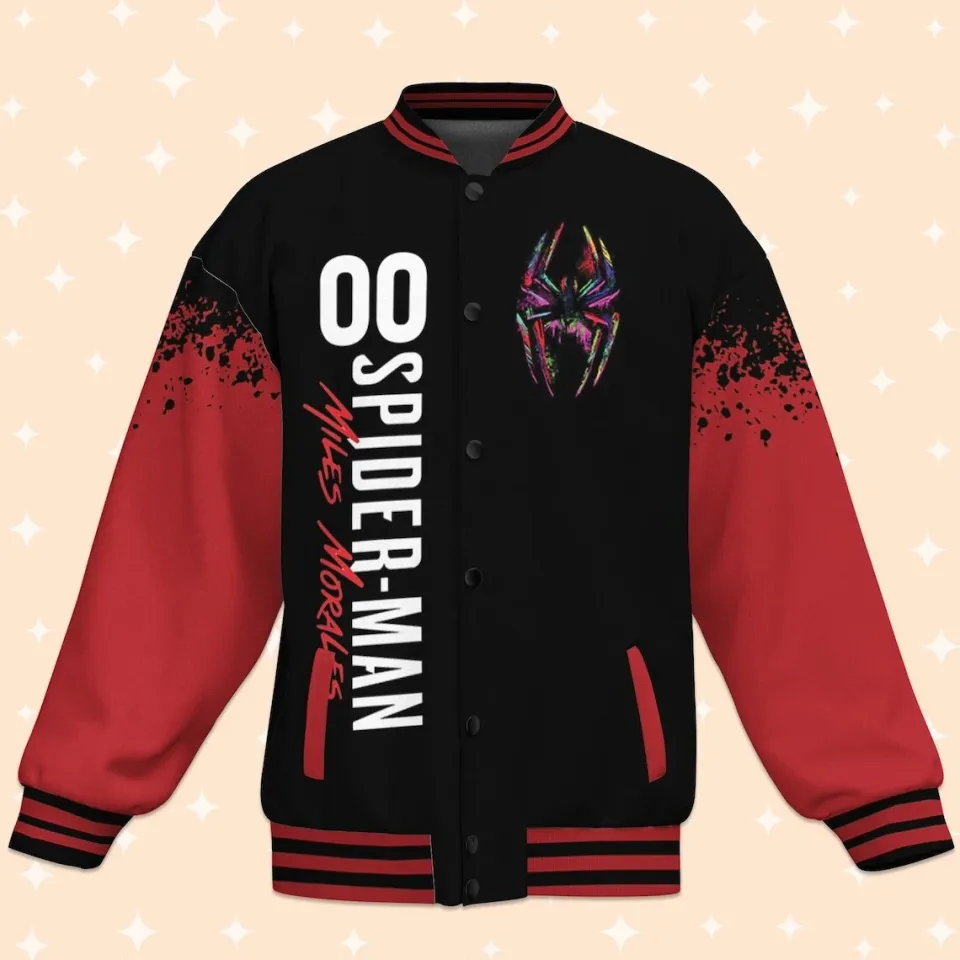 Custom Spiderman Miles Morales Black Baseball Jacket, Baseball Outfit Personalize
