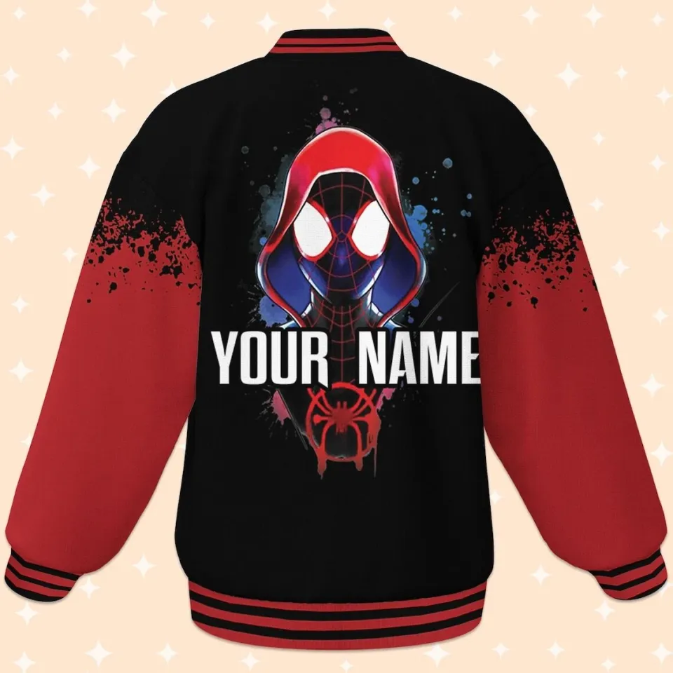Custom Spiderman Miles Morales Black Baseball Jacket, Baseball Outfit Personalize
