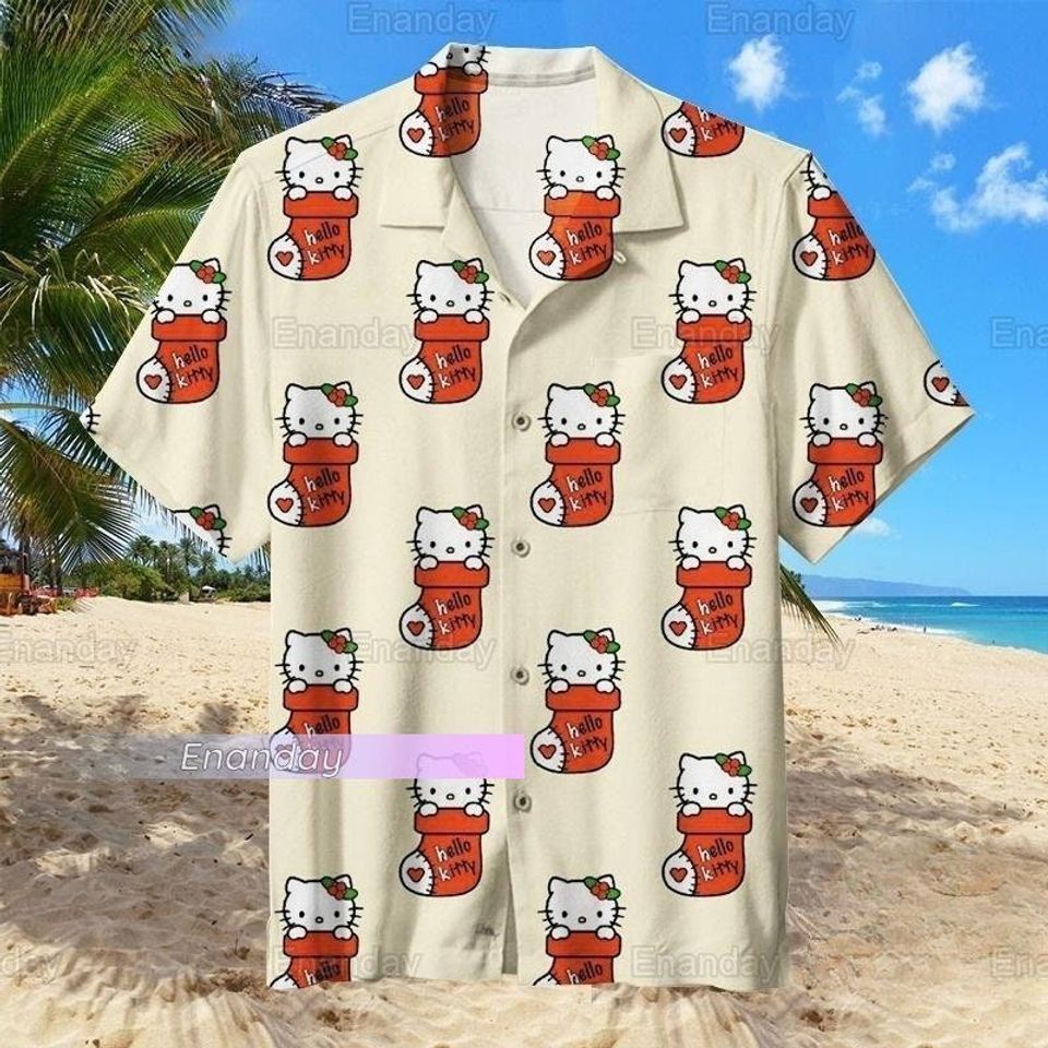 Hello Kitty Hawaiian Shirt, Hello Kitty Button Shirt, Cute Cat Beach Shirt