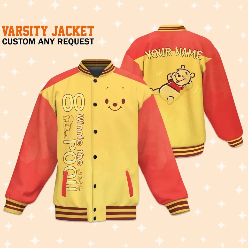 Custom Winnie the Pooh Fun Baseball Jacket, Adult Varsity Jacket, Personalized
