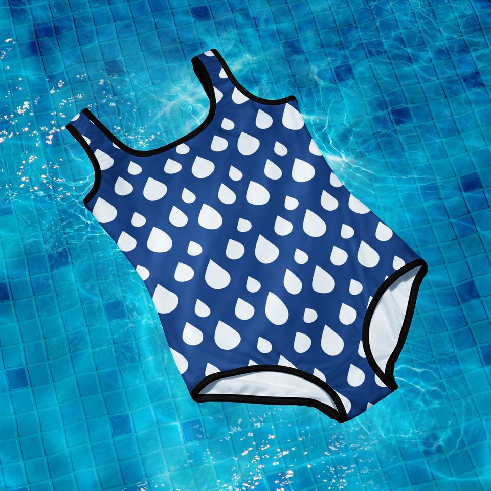 Swimwear - Blue Printed Water Drop Pattern Swimsuit