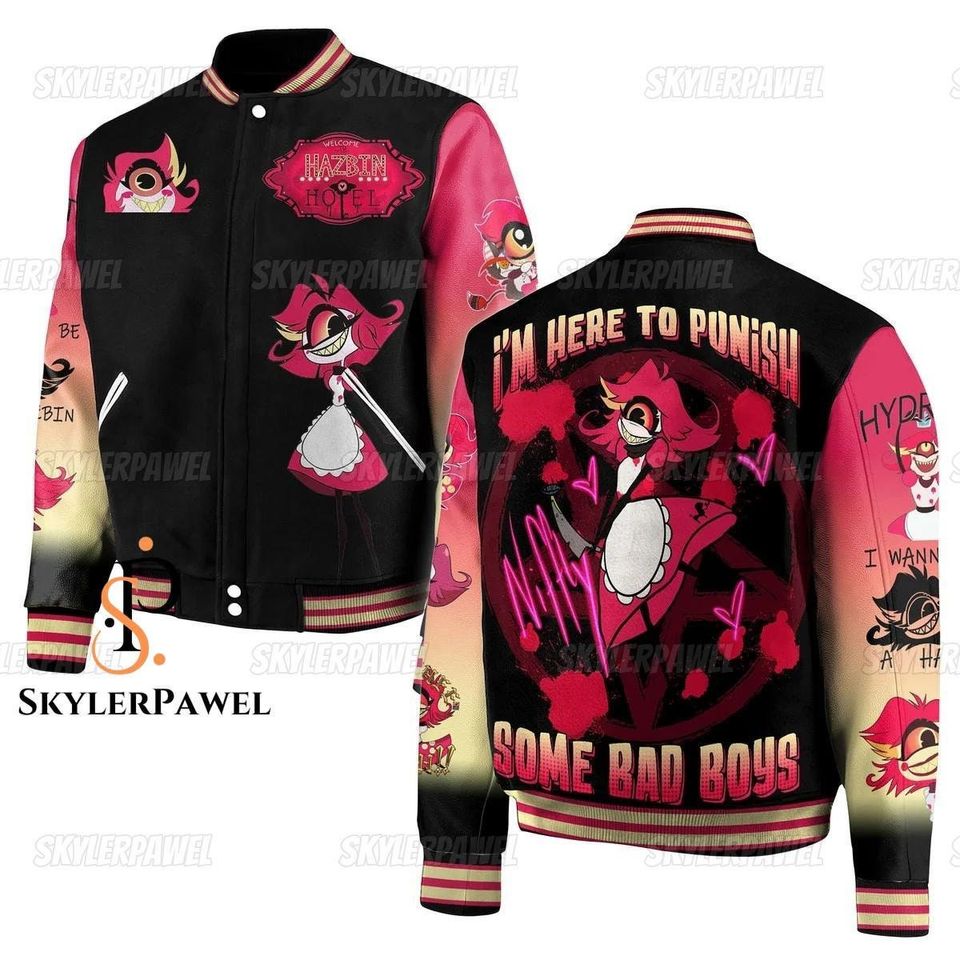 Niffty Hazbin Hotel Baseball Jacket, Niffty Hazbin Hotel Jacket, Niffty Zipper Jackets, Niffty Baseball Jacket, Hazbin Hotel Jacket