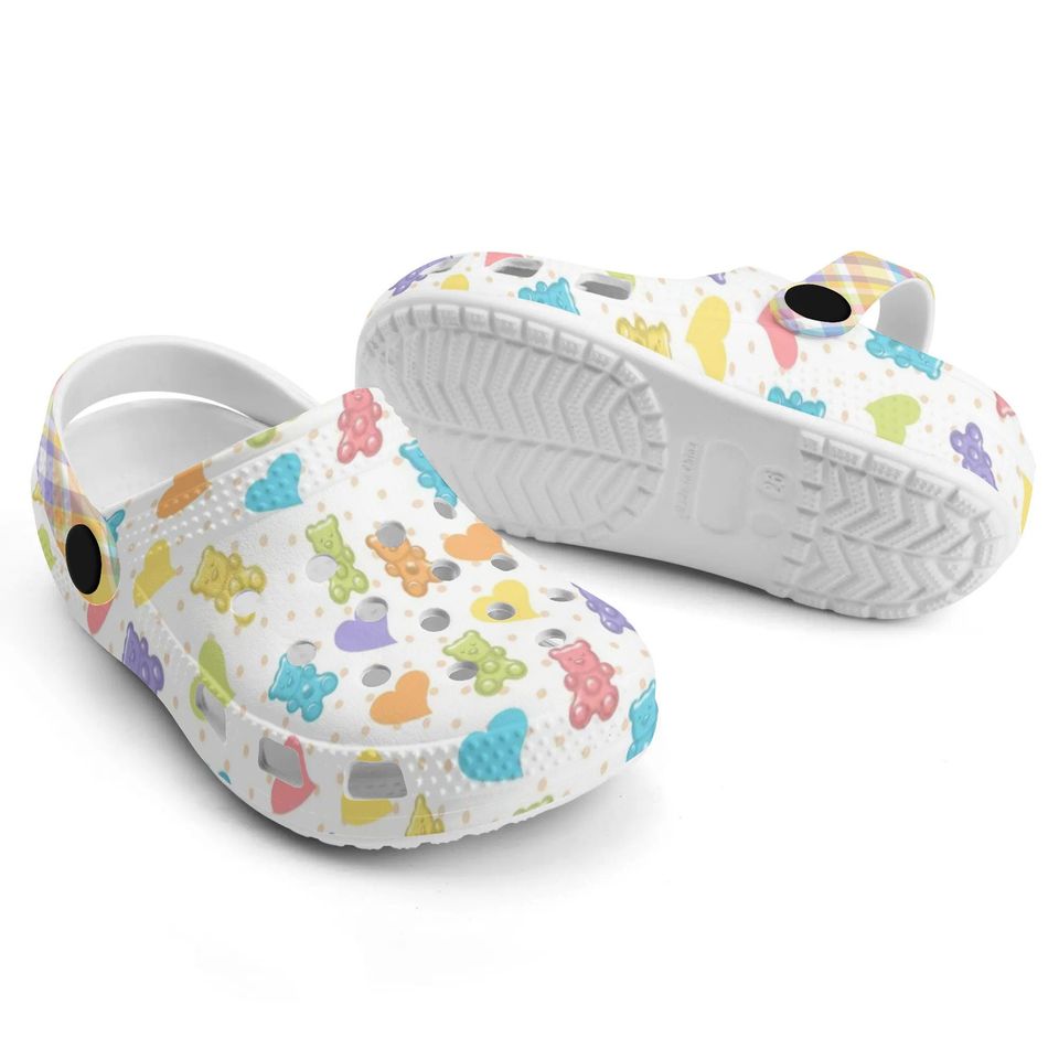 All Over Print Gummy Bear Croc Style Sandals, Cute Pastel Bear Pattern Clogs