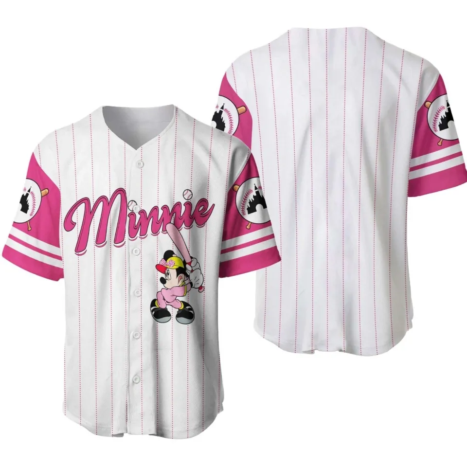 Minnie Mouse Baseball Jersey Button Down Shirt, Minnie Cartoon Baseball Jersey