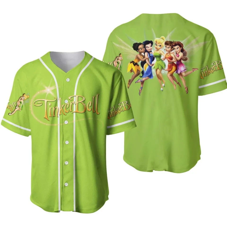 Tinker Bell Baseball Jersey Button Down Shirt, Tinker Bell Fairy Baseball Jersey