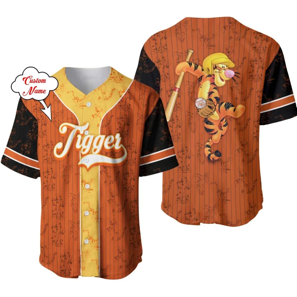 Personalized Tigger Winnie The Pooh Button Down Baseball Jersey Shirt