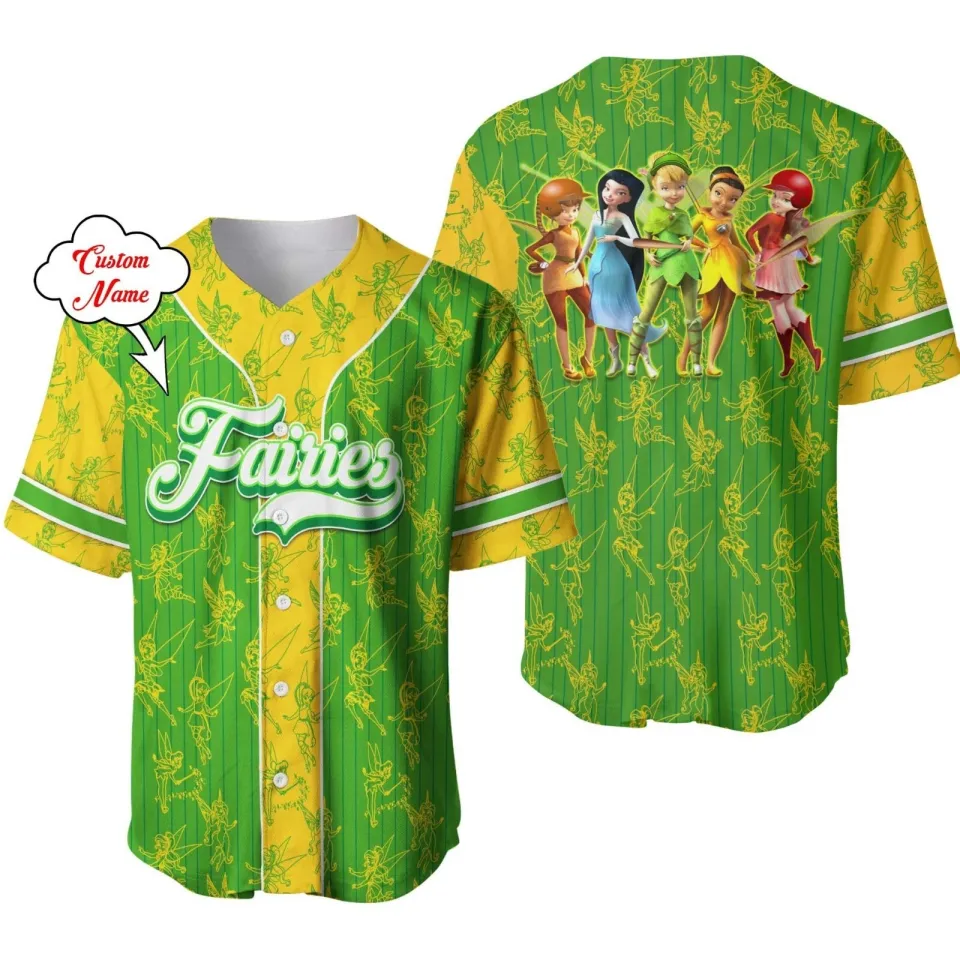 Personalized Tinker Bell Fairies Button Down Baseball Jersey Shirt