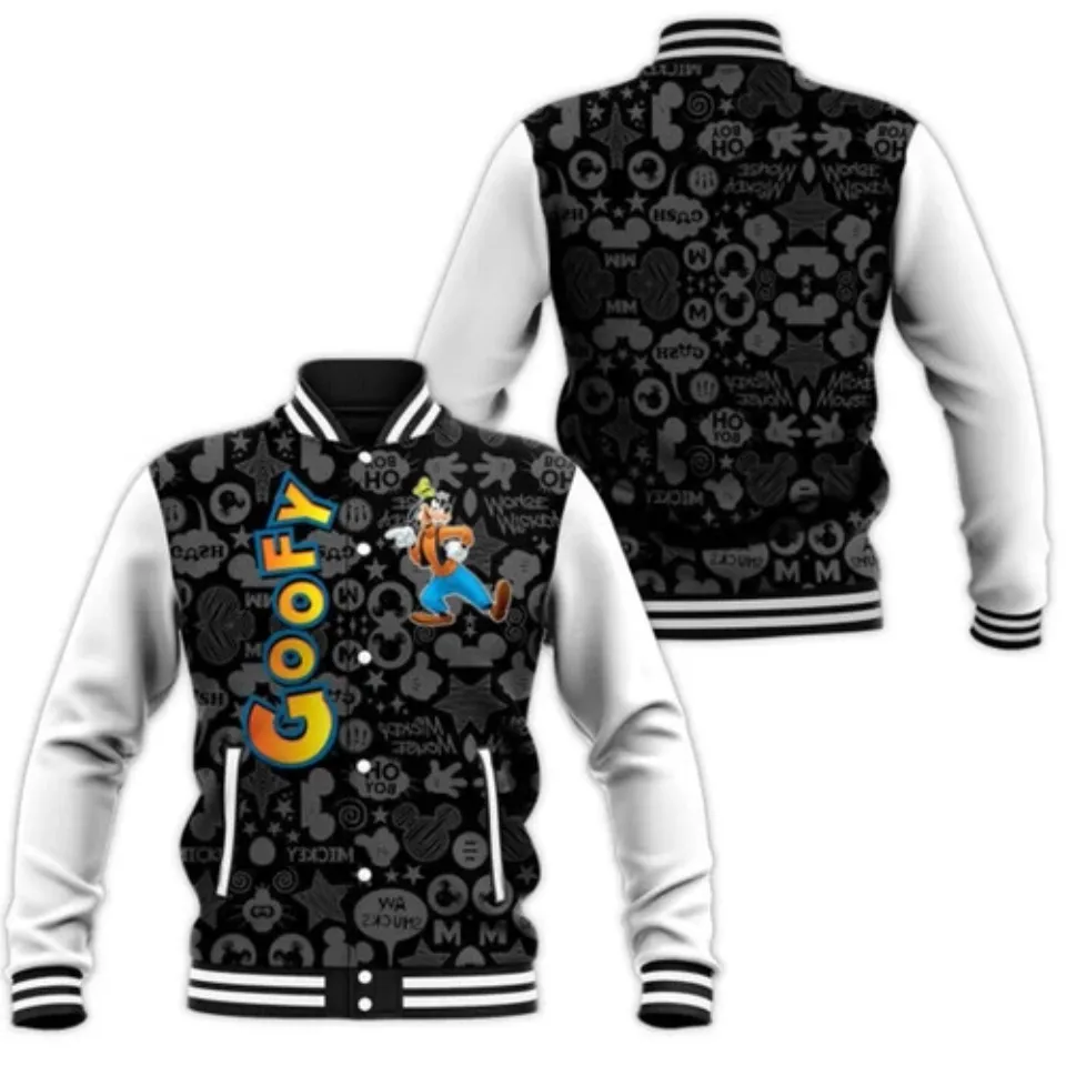 Goofy Dog Pattern Mickey Mouse Baseball Jacket, Cartoon Lovers Gift Father's Day Baseball Jacket, Men Women Hip Hop Harajuku Jackets Boys Girls Single Coats