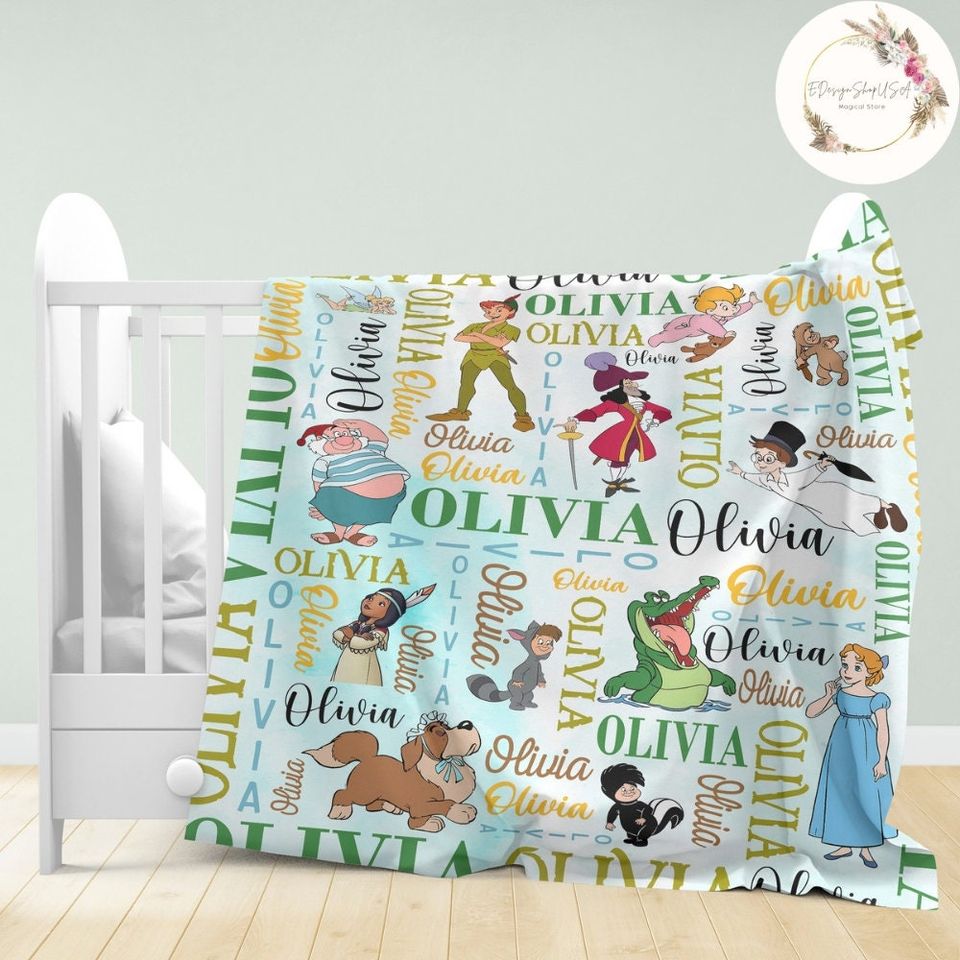 Personalized Watercolor Disney Peter Pan Blanket, Peter Pan Wendy Tinker Bell Lost Boys Neverland