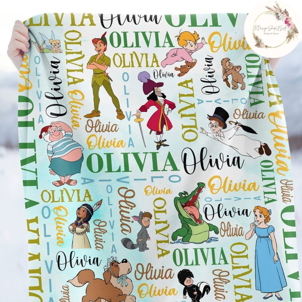 Personalized Watercolor Disney Peter Pan Blanket, Peter Pan Wendy Tinker Bell Lost Boys Neverland