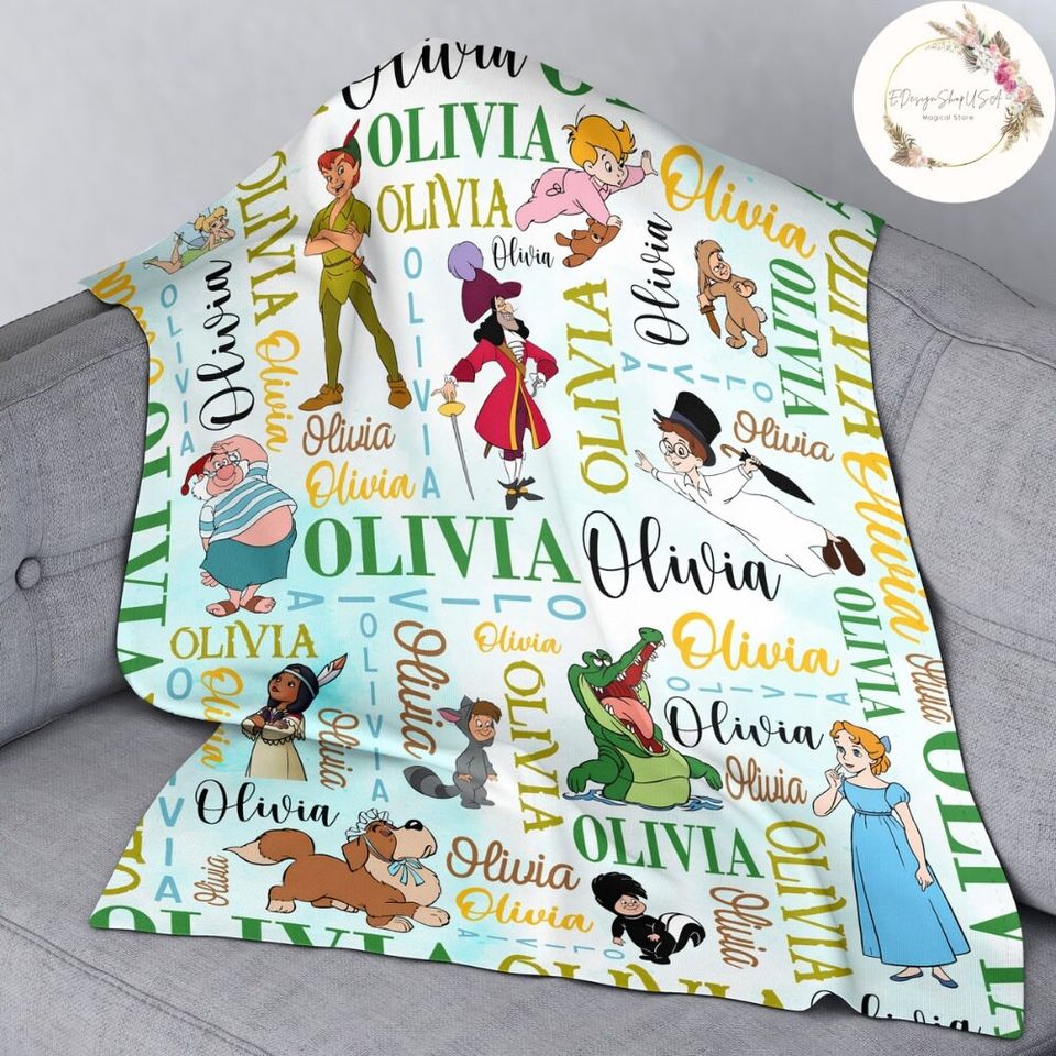 Personalized Watercolor Disney Peter Pan Blanket, Peter Pan Wendy Tinker Bell Lost Boys Neverland
