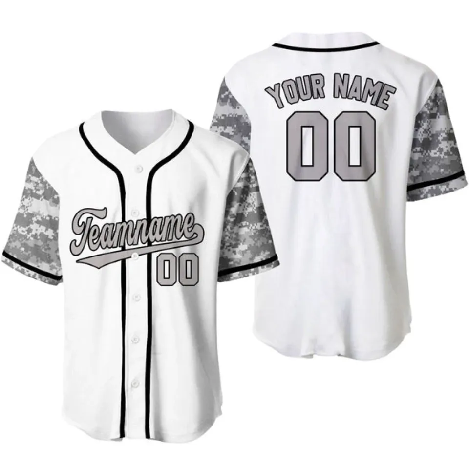 Custom White Gray-Black Camo Raglan Sleeves Baseball Jersey