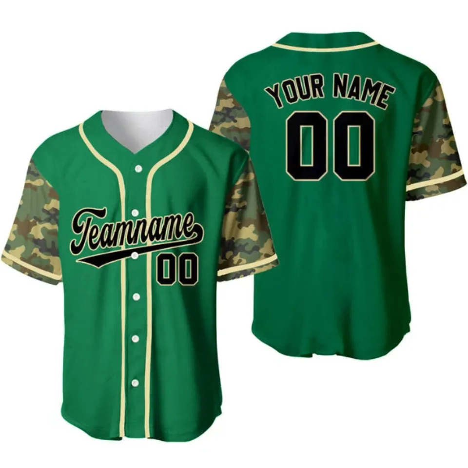 Custom Kelly Green Black-Cream Camo Raglan Sleeves Baseball Jersey