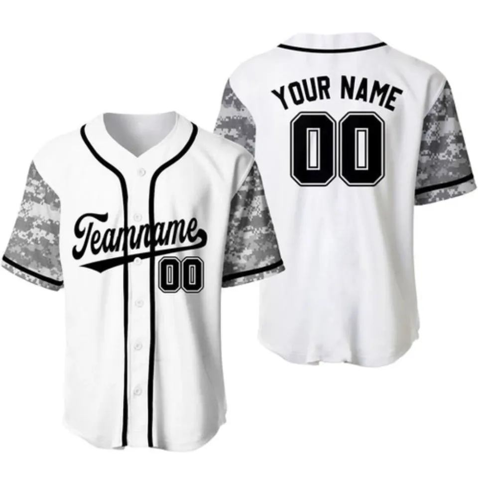 Custom White Black-Gray Camo Raglan Sleeves Baseball Jersey