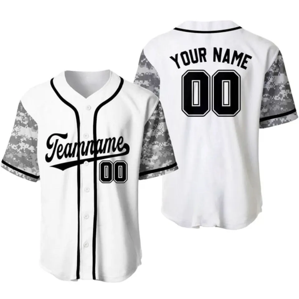 Custom White Black-Gray Camo Raglan Sleeves Baseball Jersey