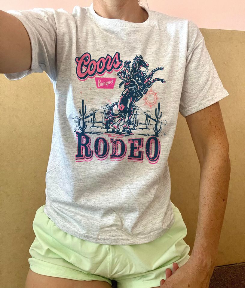 Beer Rodeo Baby Tee, CCOORS Cowboy Womens Tee, Western 90s Beer Pink Crop, Distressed cowboy Beer