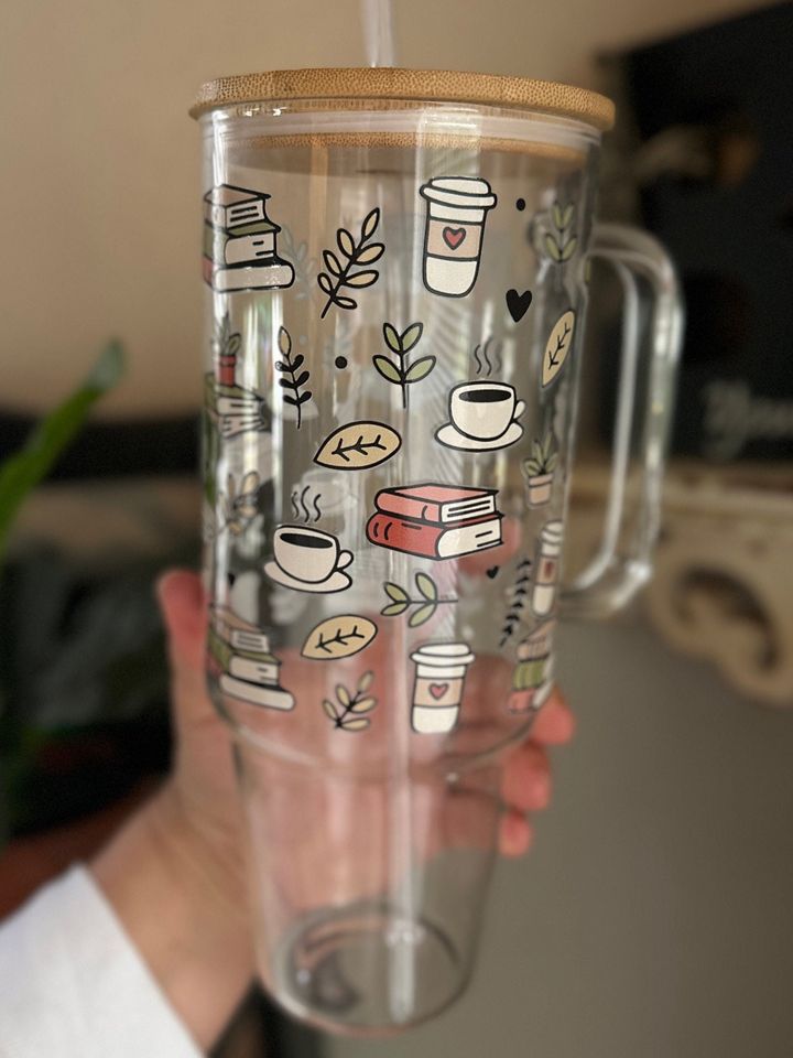 40oz Glass Tumbler, 40oz Glass with handle, Books and Coffee glass, Coffee Glass, Viral Coffee Glass