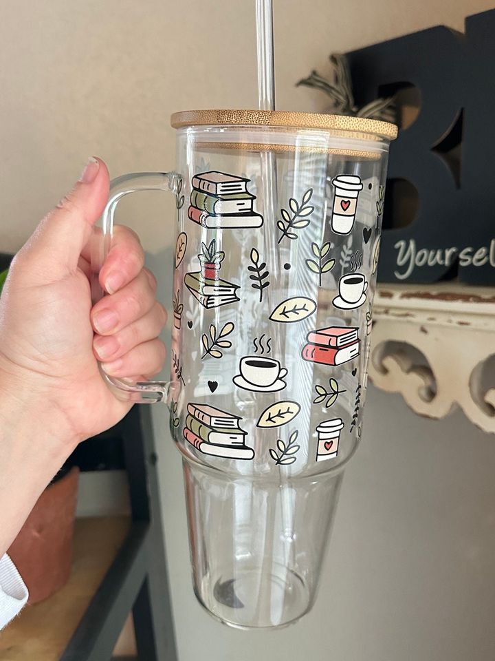 40oz Glass Tumbler, 40oz Glass with handle, Books and Coffee glass, Coffee Glass, Viral Coffee Glass