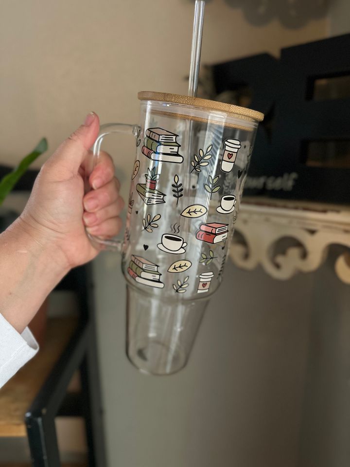40oz Glass Tumbler, 40oz Glass with handle, Books and Coffee glass, Coffee Glass, Viral Coffee Glass