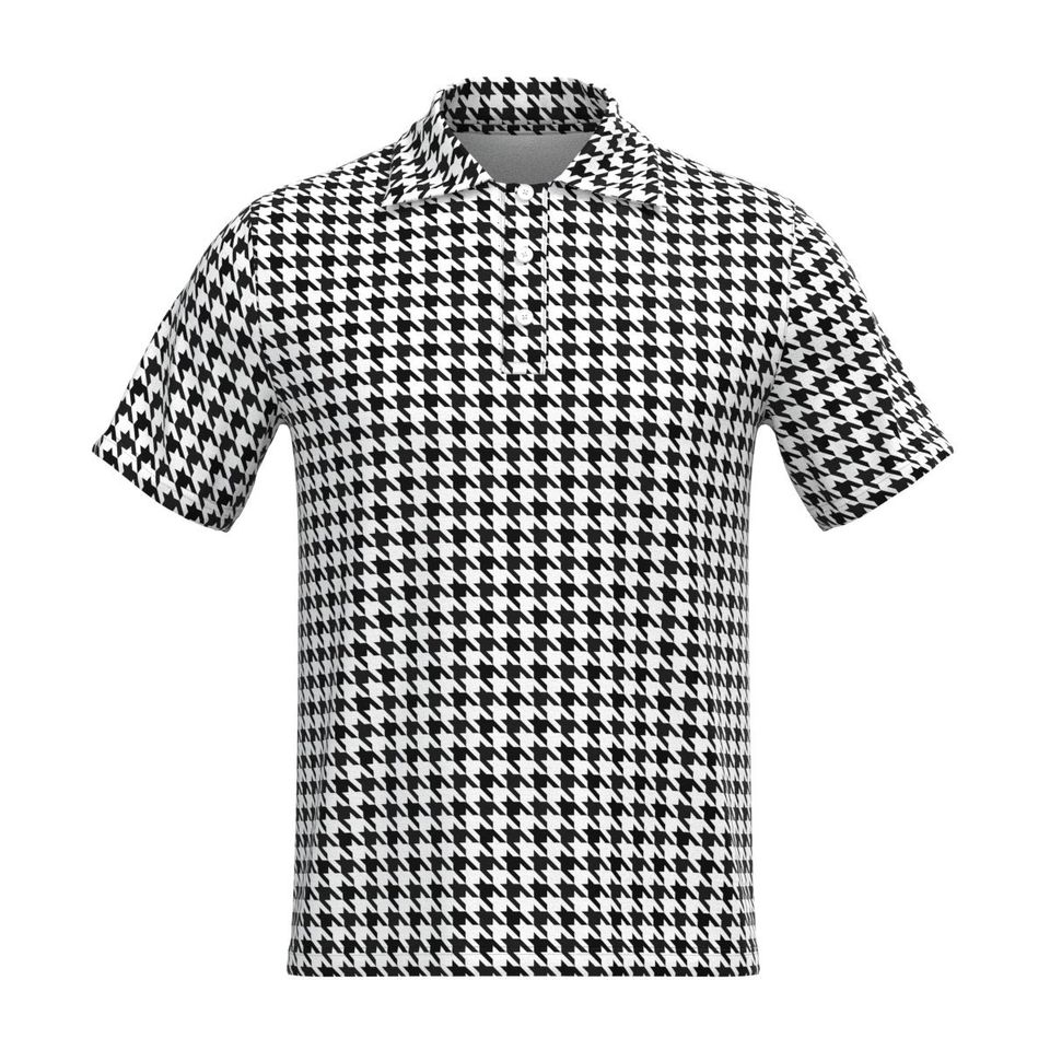 Black White Geometric Pattern Check Checker Box Houndstooth Triangle Hexagon Horizontal Diagonal Stripes Herringbone Collar Polo Tee