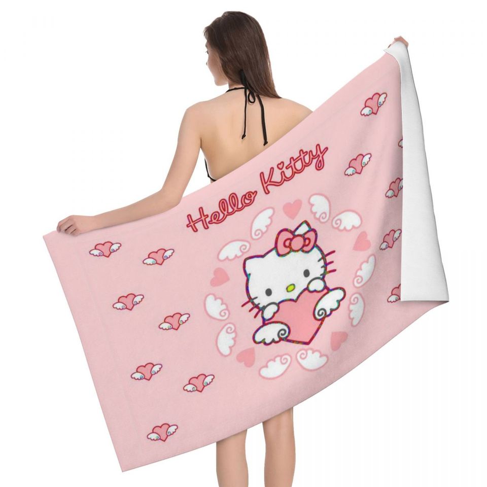 Hello Kitty Pattern Beach Towel, Quick Dry, Sanrio Soft Linen Microfiber, Bathroom Sauna Towels