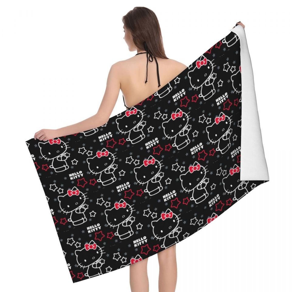 Hello Kitty Pattern Beach Towel, Quick Dry, Sanrio Soft Linen Microfiber, Bathroom Sauna Towels