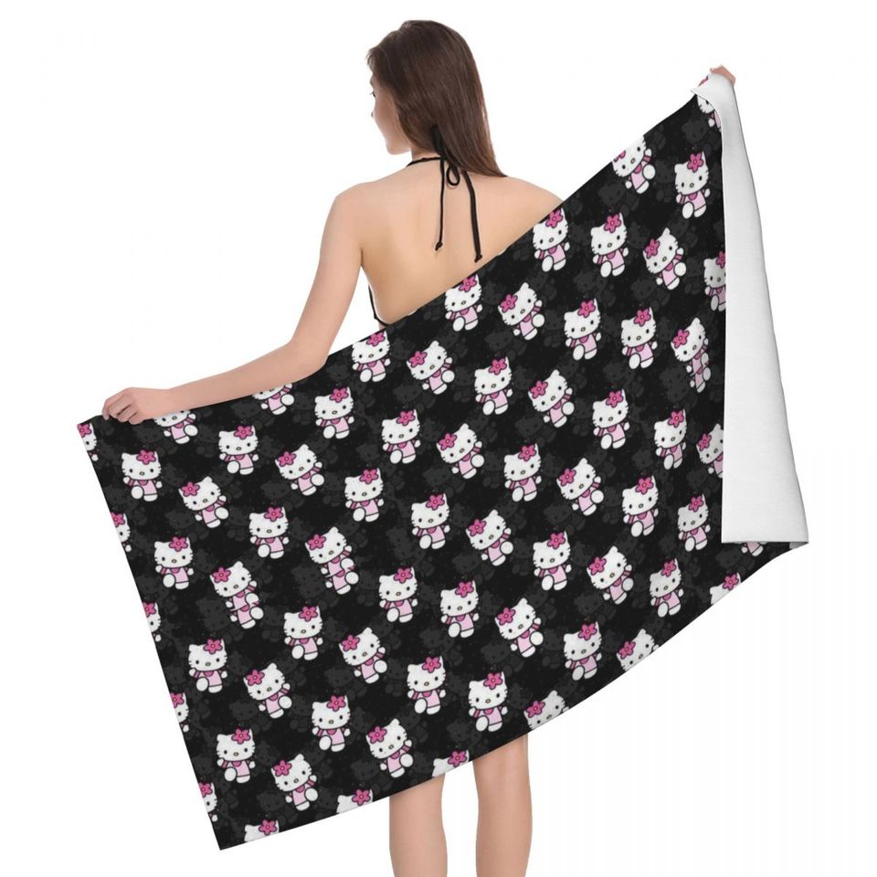 Hello Kitty Pattern Beach Towel, Quick Dry, Sanrio Soft Linen Microfiber, Bathroom Sauna Towels
