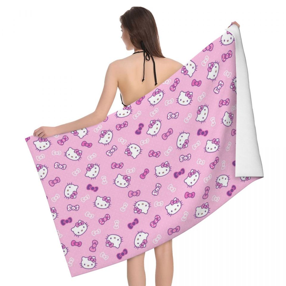 Hello Kitty Pattern Beach Towel, Quick Dry, Sanrio Soft Linen Microfiber, Bathroom Sauna Towels