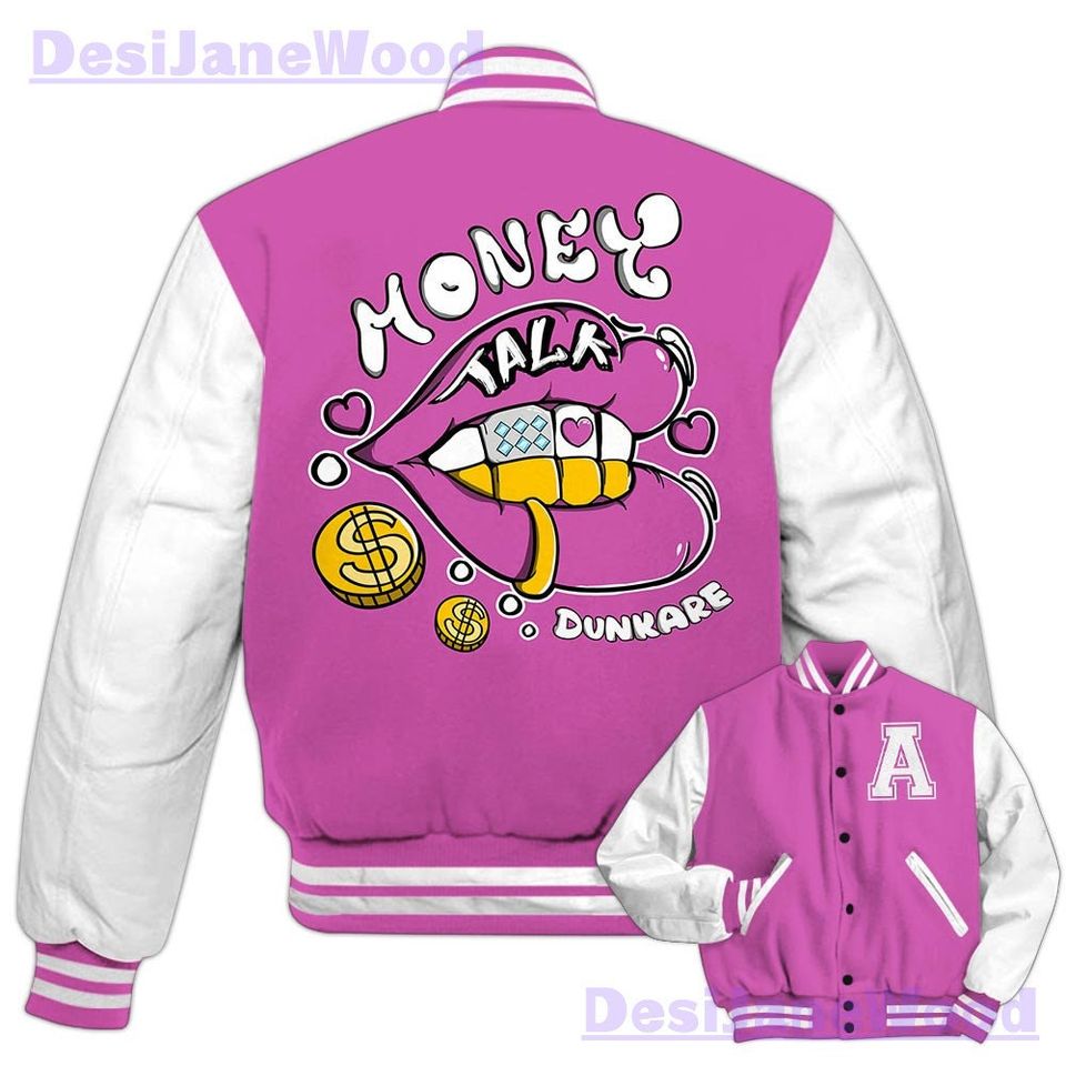 Dunkare Hyper Violet 4s Varsity Jacket, Custom Lips Money Talk Varsity Jacket Outfit