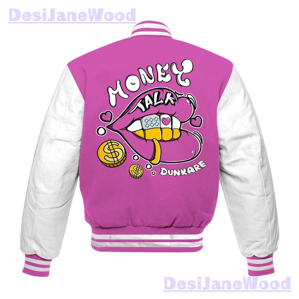 Dunkare Hyper Violet 4s Varsity Jacket, Custom Lips Money Talk Varsity Jacket Outfit