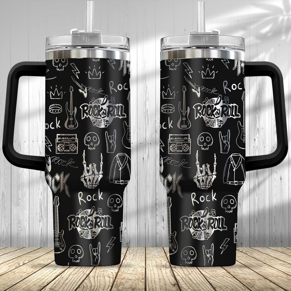 Rock N Roll Guita Laser Engraved Stainless Steel Strawberry Black Tumbler 40 Oz