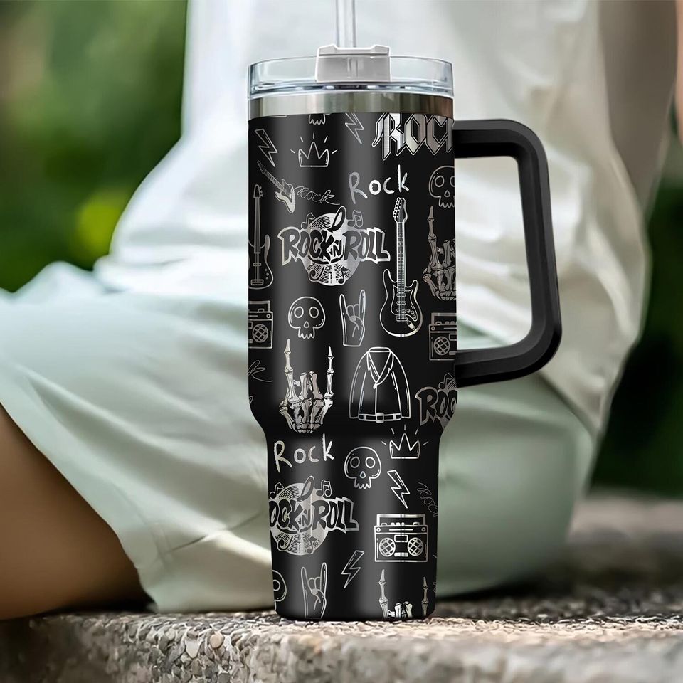 Rock N Roll Guita Laser Engraved Stainless Steel Strawberry Black Tumbler 40 Oz