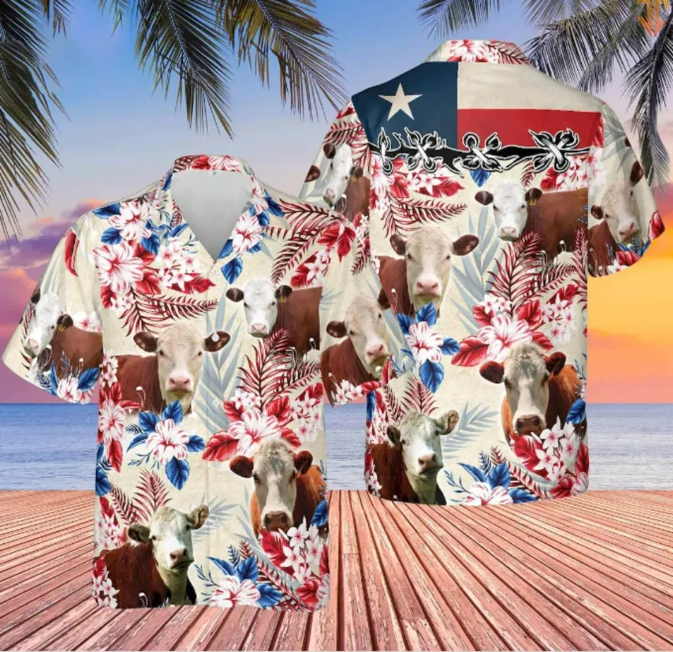 HEREFORD CATTLE TEXAS FLAG Hawaiian Shirt- GIFT for dad, father day gift,