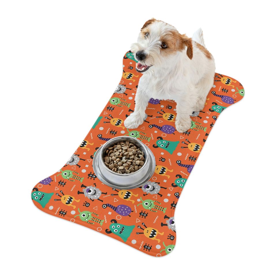 Monsters on Orange Print Pet Bowls Mats