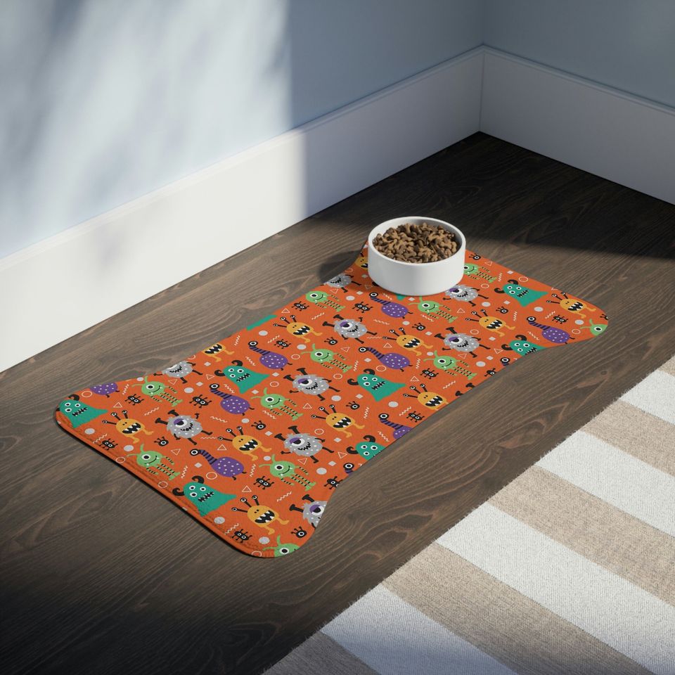 Monsters on Orange Print Pet Bowls Mats
