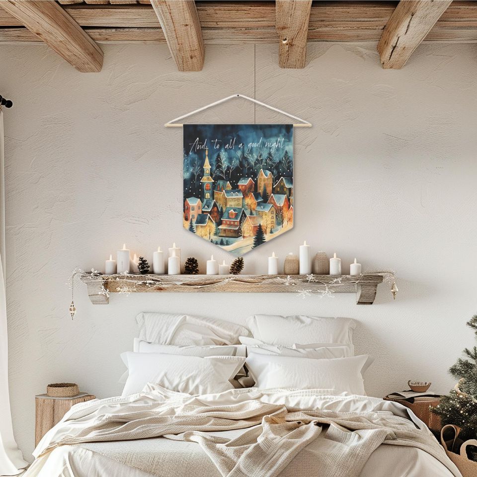 CHRISTMAS WALL HANGING 'And To All A Good Night' Pennant Flag - Ready to Hang, Christmas Wall Art, Christmas Winter Village, Holiday Home