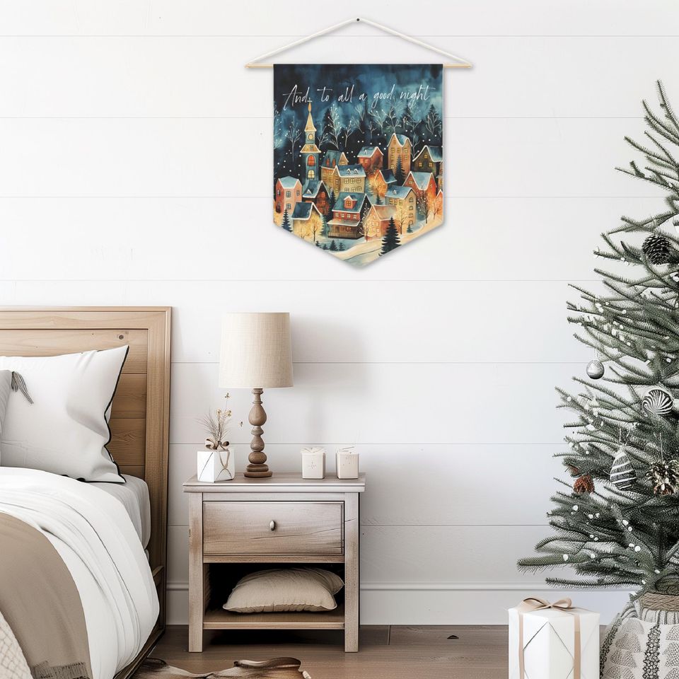 CHRISTMAS WALL HANGING 'And To All A Good Night' Pennant Flag - Ready to Hang, Christmas Wall Art, Christmas Winter Village, Holiday Home
