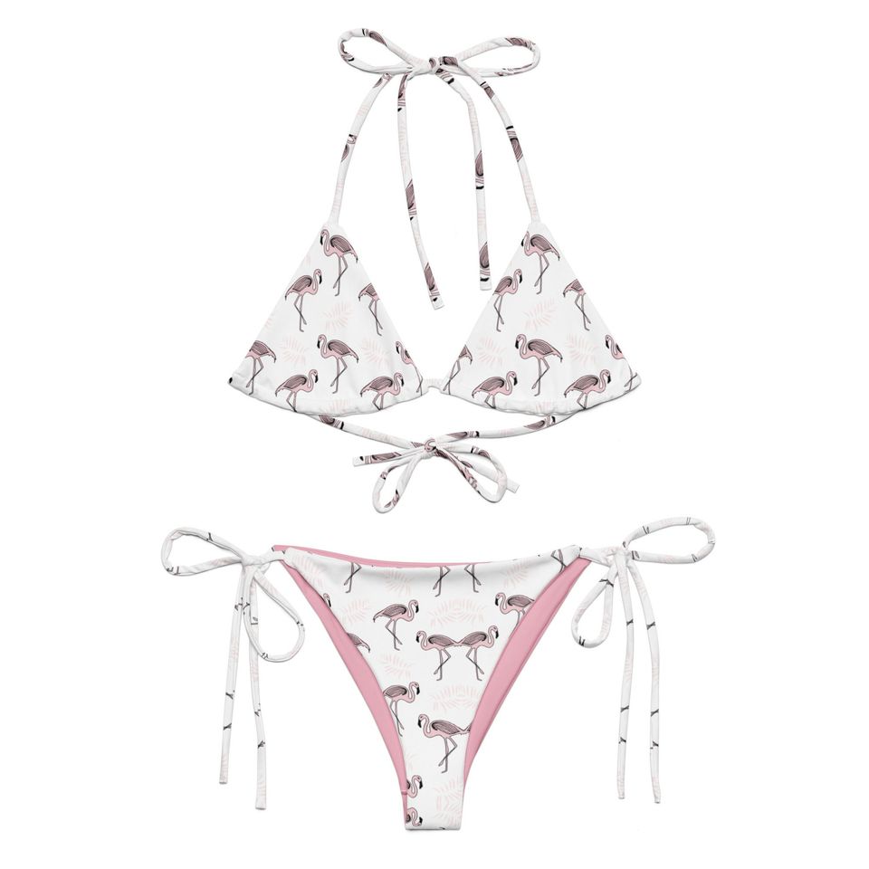 Pink Flamingos Recycled White String Bikini / Festival Wear