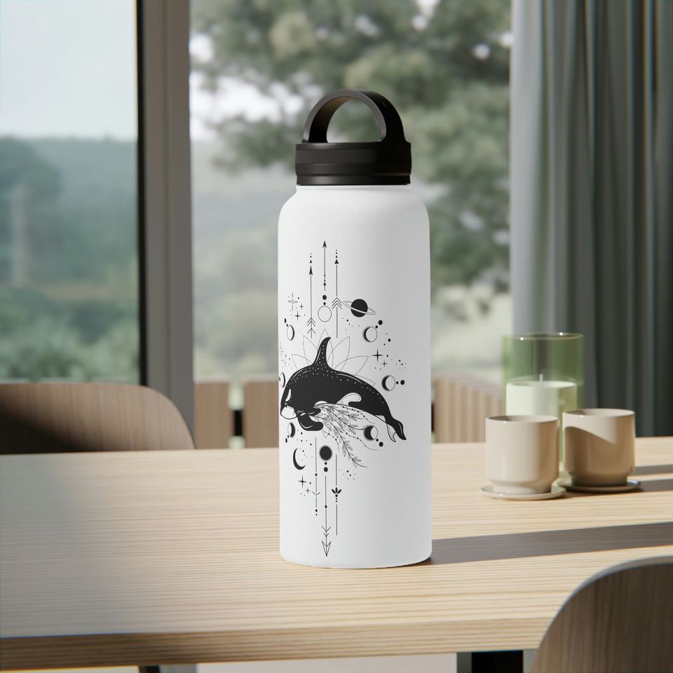 Mystical Orca Whale Stainless Steel Water Bottle, Handle Lid