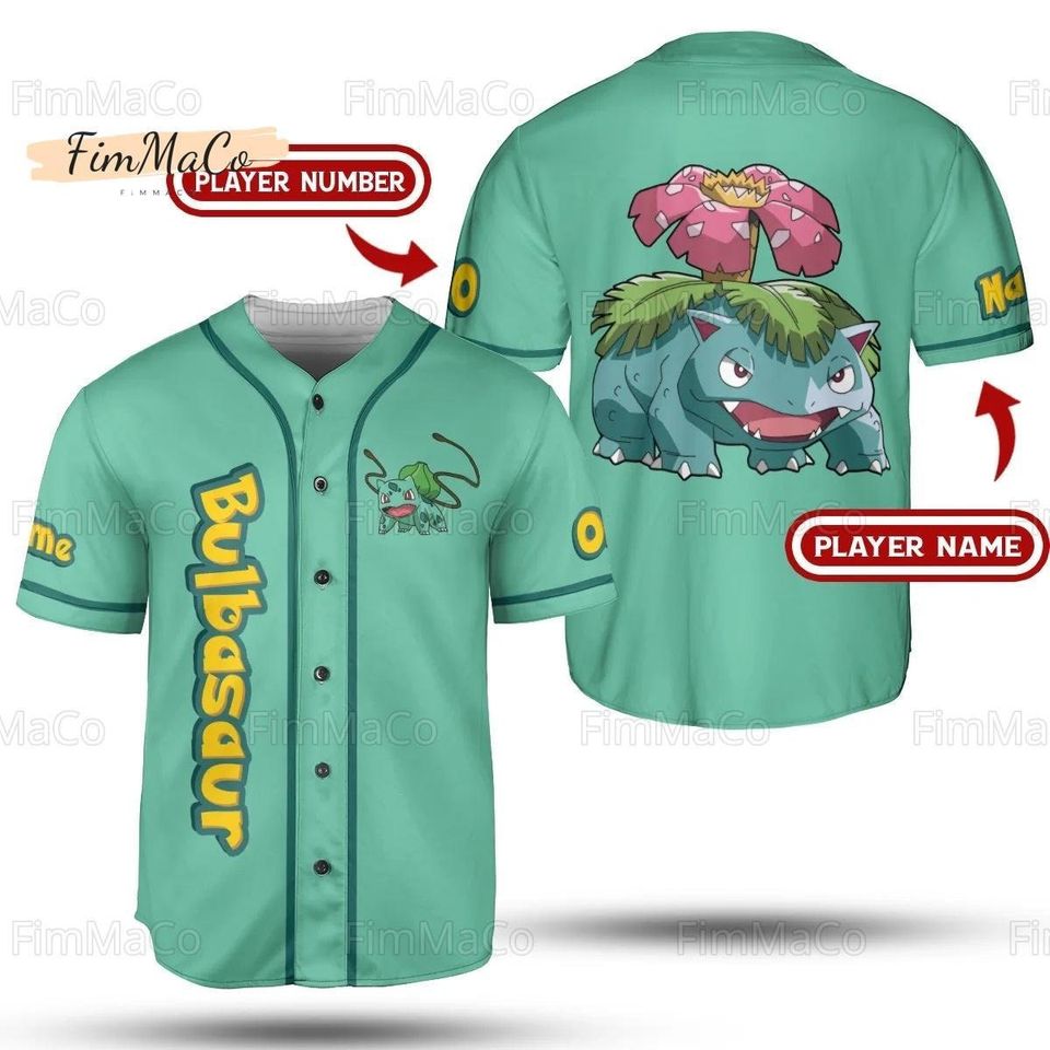 Custom Bulbasaur PKM Jersey, PKM Baseball Jersey, Bulbasaur Jersey Shirt, PKM Athletic Jersey, PKM Baseball Jersey