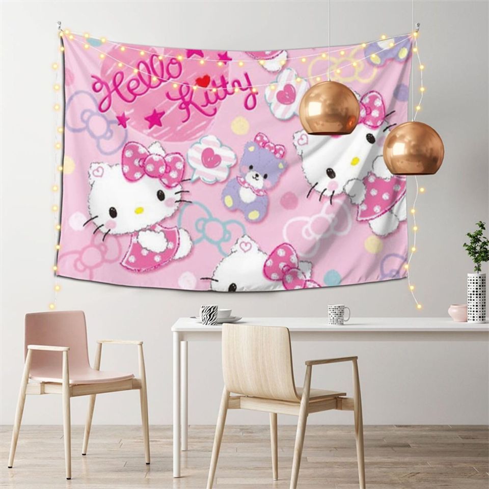 Hello Kitty Cartoon Cat Tapestry, Pink Cat Wall Hanging, Wall Decoration for Boys and Girls Teenagers