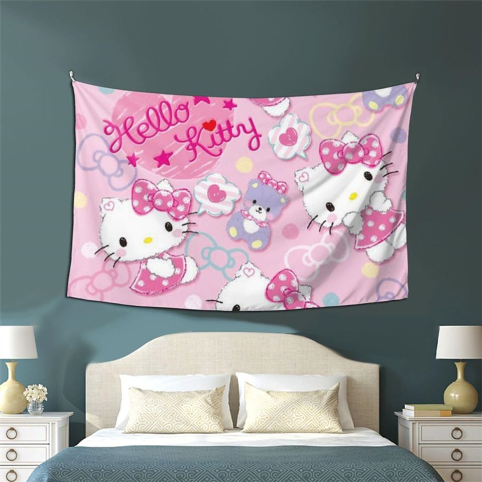 Hello Kitty Cartoon Cat Tapestry, Pink Cat Wall Hanging, Wall Decoration for Boys and Girls Teenagers