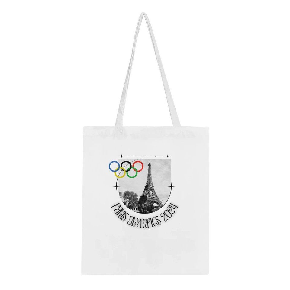 Paris Olympics 2024 Classic Tote Bag  White, Eiffel Tower, Olympic rings and stars