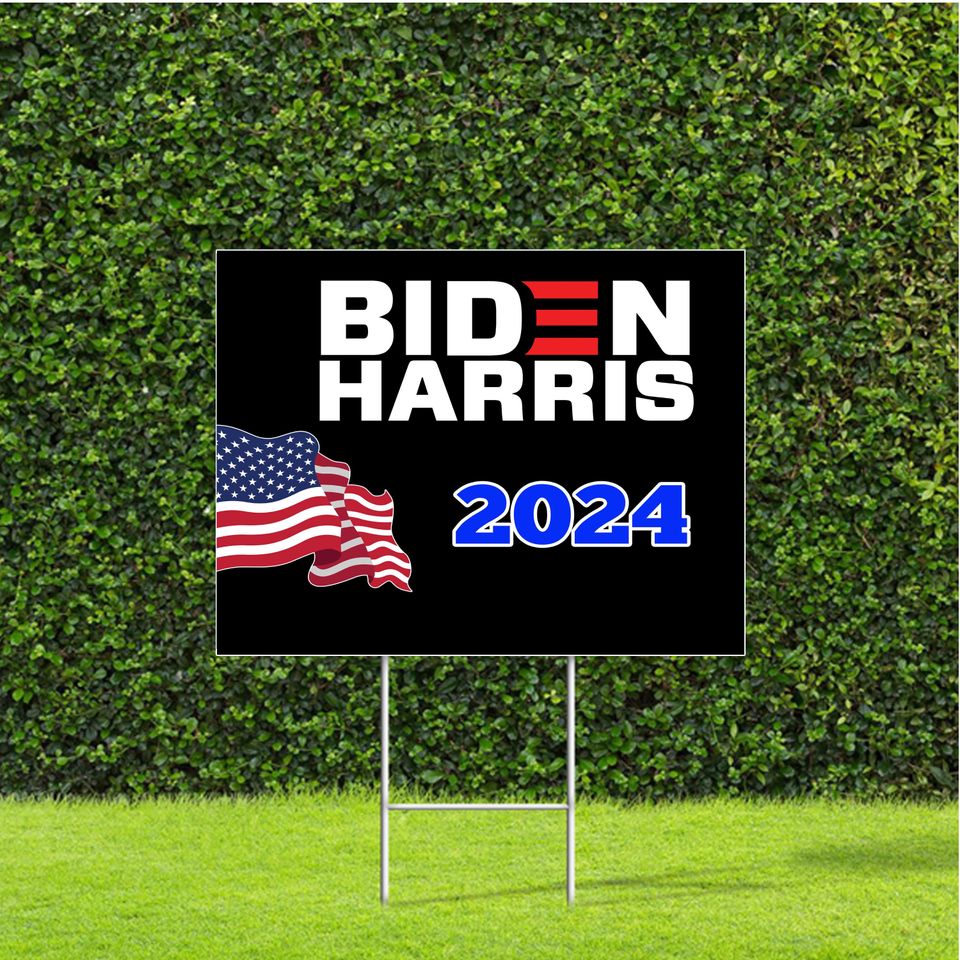 Waving Flag Biden Harris 2024 on Black Election, Democratic Party Yard Sign with Metal H Stake